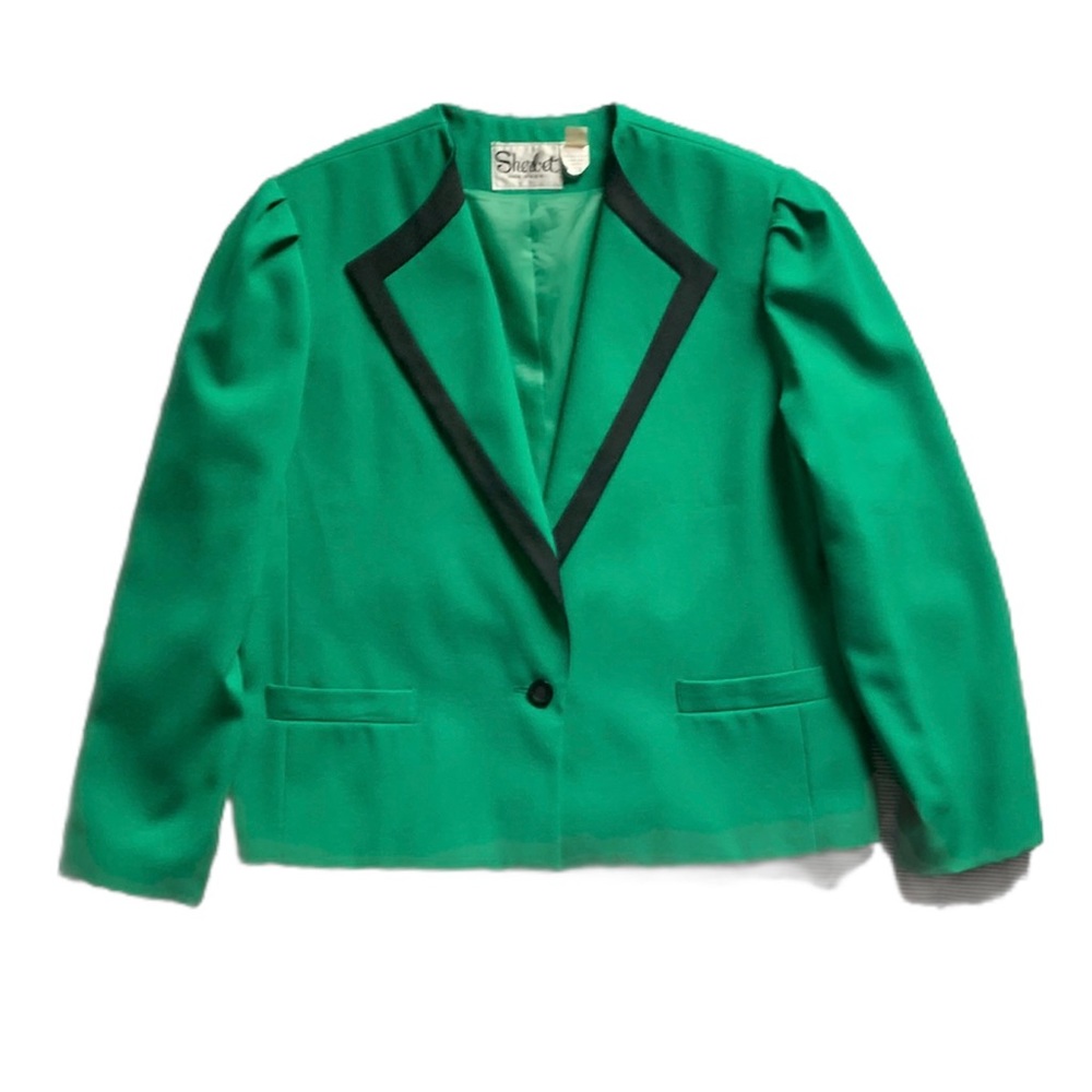 Vintage 80s 90s Kelly green blazer with black button and lapels